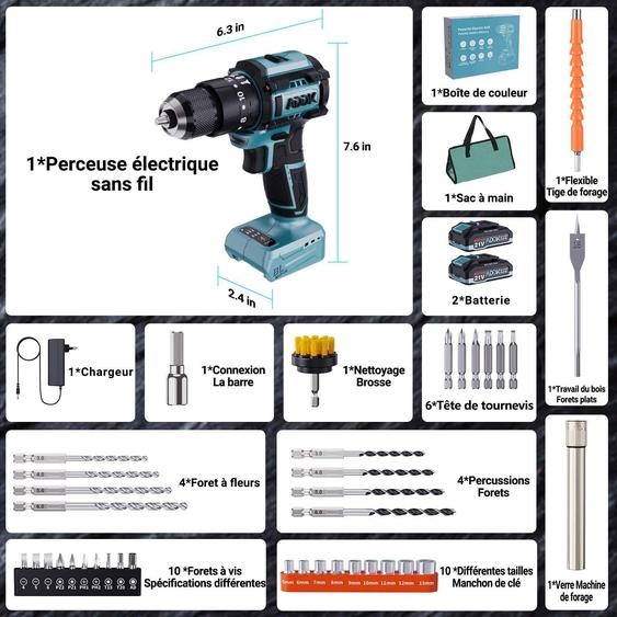 Perceuse Sans Fil 21 V, 2 Batteries 2,0 Ah, Couple 40 Nm, 24 + 3 Réglages De Couple