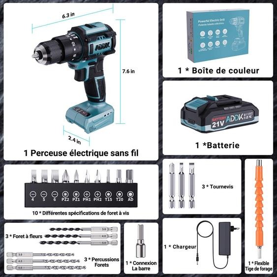 Perceuse Sans Fil 21 V, 24 + 3 Réglages, 3 Vitesses, Max. 40 Nm, Indicateur LED
