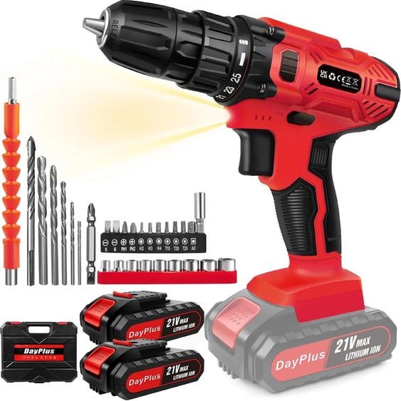 perceuse sans fil 21V, 25+1 positions de couple, 45 Nm de couple maximum, lumière LED, rouge avec 2x batterie