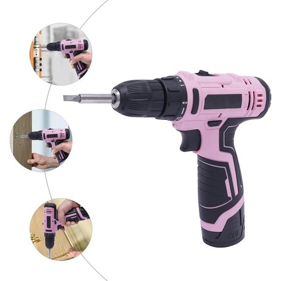 Perceuse sans fil, kit 21 pièces 12V, mandrin 3/8, rose, batterie Li-Ion, pour le bois/métal et les projets de bricolage