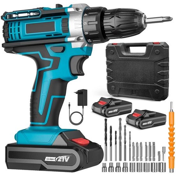Perceuse sans fil - Perceuse électrique - 21 V - Livrée avec batterie - Vitesse variable - Pour le métal - Portative