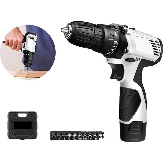 Perceuse sans fil, tension 12 V, couple maximal 45 Nm, plage de vitesse 0-400 tr/min, batterie lithium-ion 1300 mAH, design ergonomique