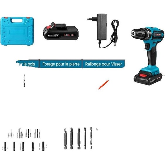Perceuse sans fil, tension 21 V, couple 32 Nm, bleue avec 2 batteries, UE