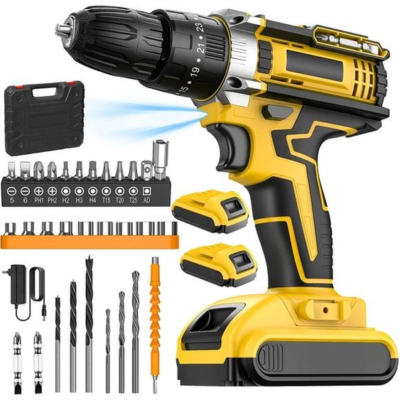 Perceuse sans fil, tension 21 V, couple 32 Nm, jaune 2 batteries, EU-b