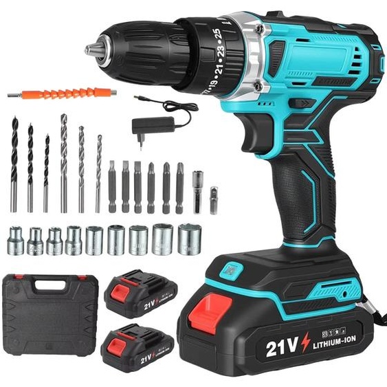 Perceuse-visseuse à batterie - 21 V - Sans fil - Batterie lithium rechargeable - Batterie incluse - Pour bois et métal - Bleu/Noir