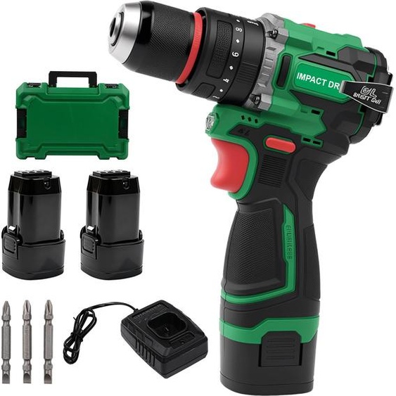 Perceuse-visseuse à percussion multifonctionnelle sans fil Brushless, rechargeable, 16,8V, 50Nm, 2 batteries 2000mAh, éclairage LED, 3 embouts, kit EU