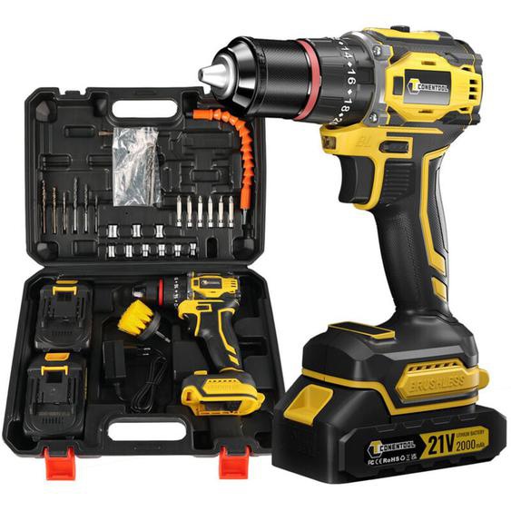 Perceuse Visseuse à percussion sans fil 21V Brushless Conentool 3 en 1, 52N.m Visseuse Devisseuse San Fil Multifonctionnelle avec 27Accessoires