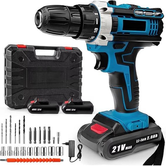 perceuse-visseuse à percussion sans fil 21V, fonction marteau, bleu, 2× batteries Li-Ion, prise EU