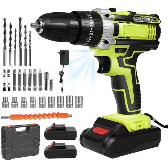 Perceuse-visseuse à percussion sans fil 21V - Marteau-perceur/visseuse - Moteur sans balais 750W - 1350 tr/min - 2 batteries - Vitesse variable - Vert