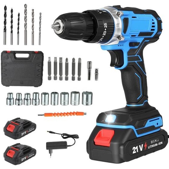 Perceuse-visseuse à percussion sans fil 21V - Perceuse-visseuse électrique - Batterie lithium-ion incluse - Vitesse réglable - Pour le bois, le métal, les travaux de mur et les travaux de bricolage - Couleur : bleu