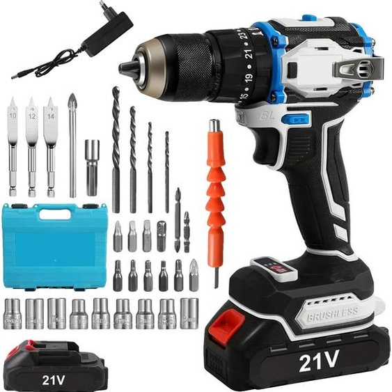 Perceuse-visseuse à percussion sans fil, couple réglable, éclairage LED, bleu