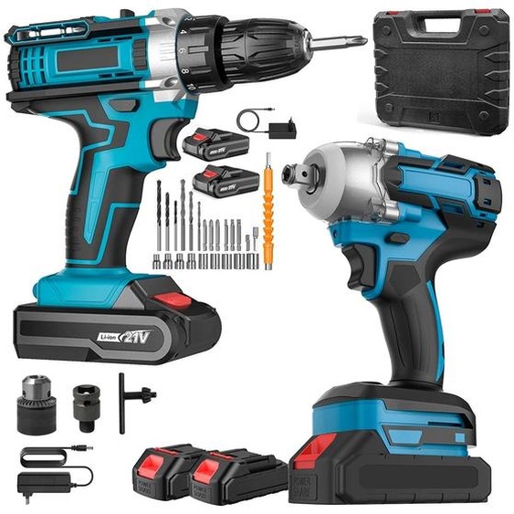 Perceuse-visseuse à percussion sans fil et clé à chocs - Ensemble 2-en-1 - 21 V - 520 Nm - 32 Nm - Vitesse variable - Batterie incluse - Pour le métal