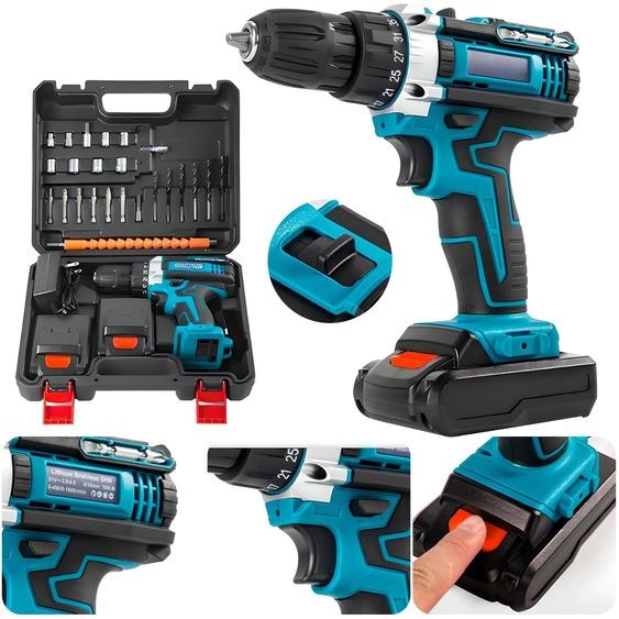Perceuse-visseuse à percussion sans fil HEYLAD 21 V - Moteur sans balais, couple de 35 Nm, boîte à 2 vitesses, 2 batteries de 2,0 Ah