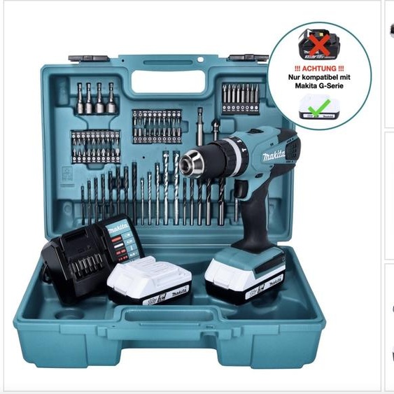 Perceuse-visseuse à percussion sans fil Makita HP457DWE10, en coffret de transport, avec 74 pièces daccessoires, deux batteries BL 1815G 18 Volt 1,5 Ah