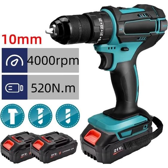 Perceuse-visseuse à percussion sans fil - Moteur sans balais - Couple de 520 Nm - Mandrin de 10 mm - 2 batteries 18 V - Noir