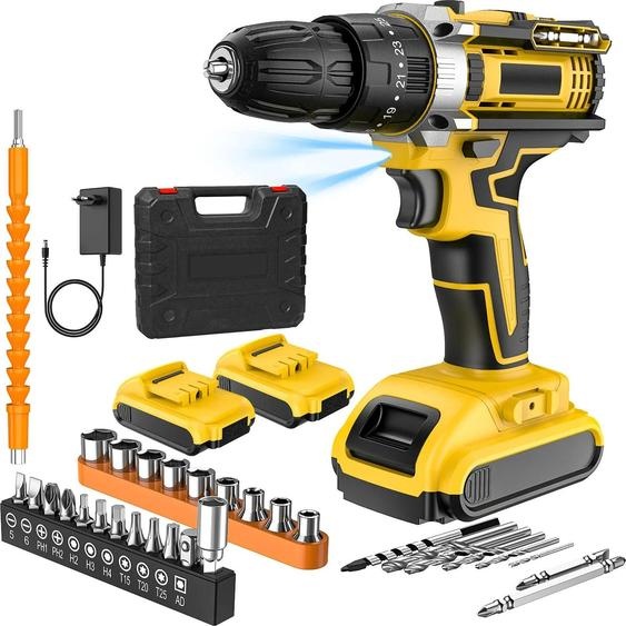 Perceuse-visseuse à percussion sans fil - Perceuse 18 V - 45 Nm - 2 vitesses - jusquà 1 800 tr/min - Mandrin 1 cm - sans batterie - Kit daccessoires 23 pièces - noir