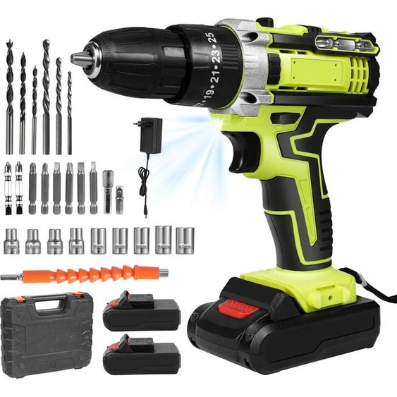 Perceuse-visseuse à percussion sans fil / perceuse - Moteur sans balais - 21 V - 1 350 tr/min - 2 batteries - Charge rapide - Prise UE - Vert