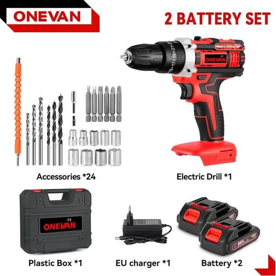 Perceuse-visseuse à percussion sans fil - Perceuse-visseuse - 1 600 tr/min - 25+3 niveaux de couple - 2 batteries - Moteur à balais - Prise UE - Rouge