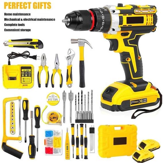 Perceuse-visseuse à percussion sans fil - Perceuse/visseuse - 25+3 niveaux de couple - Avec 2 batteries - Noir