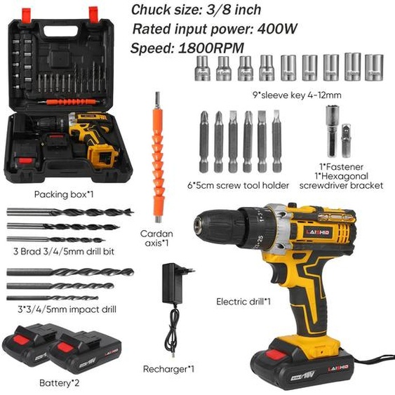 Perceuse-visseuse à percussion sans fil - Perceuse-visseuse combinée - Couple de 45 Nm - Batterie Li-Ion - Batterie incluse - e CE - Noir
