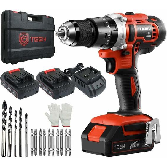 Teeno - Perceuse Visseuse à Percussion sans Fil Deux batteries de 2Ah - 13mm Mandrin Auto-serrant - Rouge