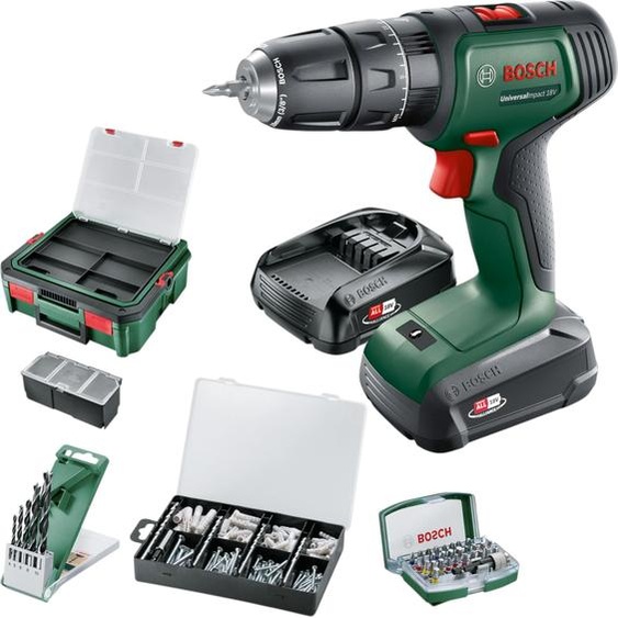 Perceuse-visseuse à percussion sans fil Universal Impact 18 V 34 Nm Bosch ( 06039D4107 ) + 2 x batterie 1,5 Ah + chargeur + kit dembouts + kit de chevilles + boîte
