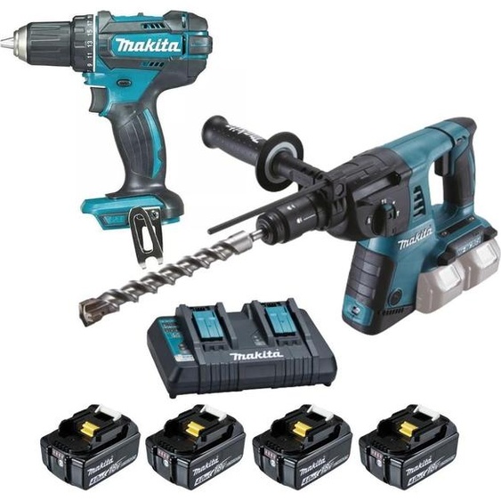 Perceuse visseuse DDF482 + Perforateur burineur SDS-PLUS DHR264 - MAKITA - avec 4 batteries 18V 4.0Ah + chargeur double - LOT0234