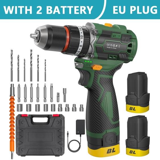 Perceuse-visseuse et visseuse à chocs sans fil - Moteur sans balais - 21 V - 55 Nm - Mandrin à cliquet métallique - 2 batteries - Idéale pour les bricoleurs