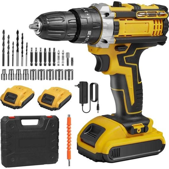 Perceuse-visseuse sans fil - 18 V sans fil - 2 batteries - Mandrin de 10 mm - Moteur à balais - Chargeur UE - 1 800 tr/min - Jaune
