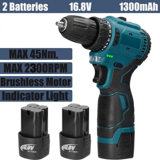 perceuse-visseuse sans fil 2 en 1 - Moteur sans balais - Couple de 45 Nm - 16,8 V - 2 Batteries - Vitesse variable - Prise UE - Vert