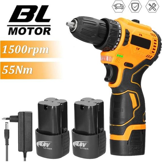 Perceuse-visseuse sans fil 2 en 1 - Moteur sans balais - Couple de 55 Nm - Vitesse variable - Sans batterie - Prise UE - Noir