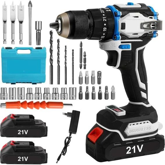 Perceuse-visseuse sans fil - 21 V - 2 batteries 1,3 Ah - Couple de 70 Nm - 2 vitesses, 25+1 niveaux - Kit 20-29 pièces - Or