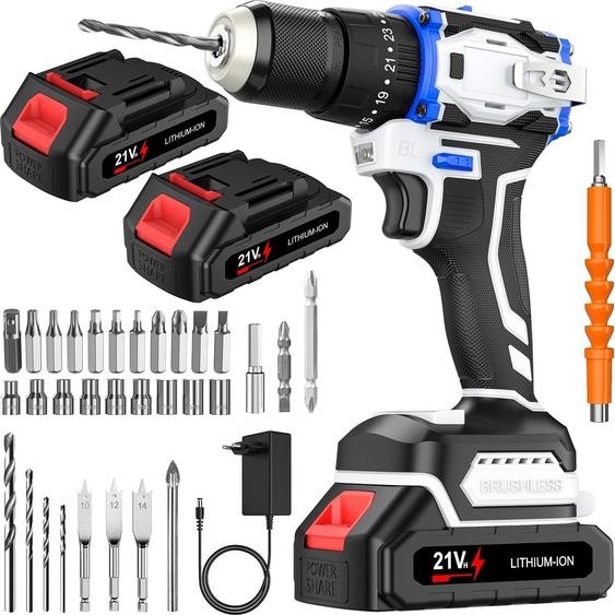 Perceuse-visseuse sans fil - 21 V sans balais - 70 Nm - 1 800 tr/min - 2 batteries - Éclairage de travail LED - Prise UE - Noir