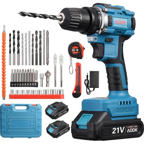 Perceuse visseuse sans fil 21V, 2 x 1500mAh batteries lithium, moteur brossé, 25+1 réglages de couple, 2 vitesses, 37 accessoires + Boîte plastique PP