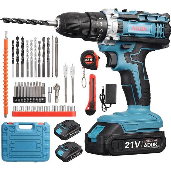 Perceuse visseuse sans fil 21V, 2 x 2000mAh batteries lithium, moteur brossé, 25+1 réglages de couple, 2 vitesses, 37 accessoires + Boîte plastique PP