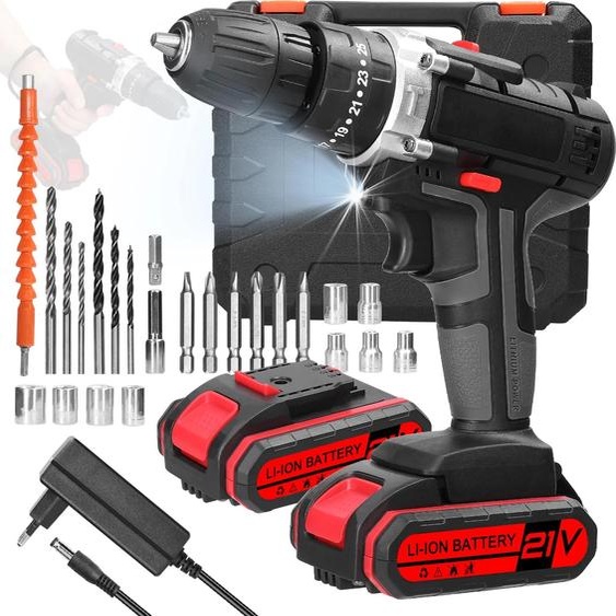 perceuse-visseuse sans fil 21V - Kit B - 3-en-1 - 25 niveaux de couple - Vitesse variable - Rotation droite/gauche - Fonction percussion - Prise UE - Noir