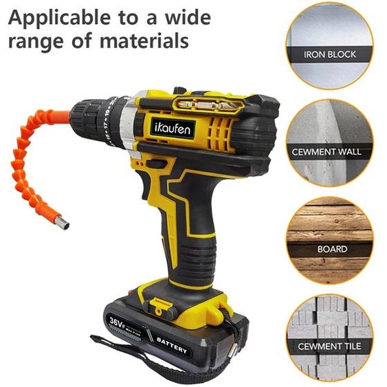 Perceuse-visseuse sans fil 3-en-1 - 36 V - 2 batteries - Coffret de rangement - 10 mm - Jaune