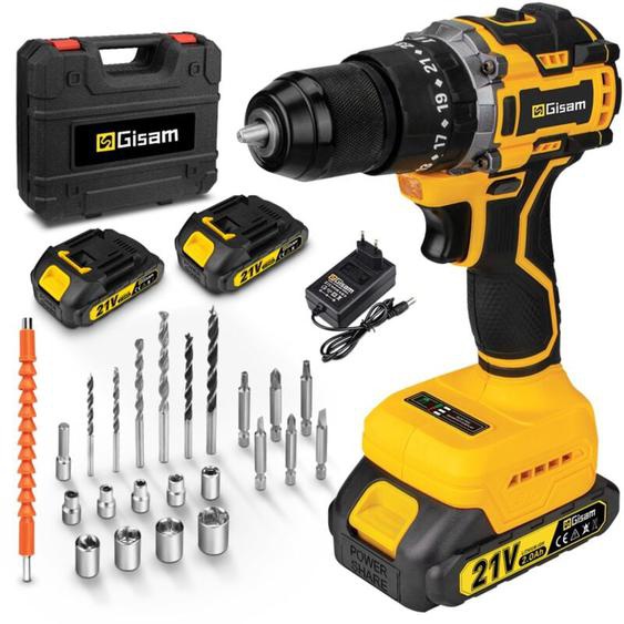 Gisam - Perceuse visseuse sans fil 55 Nm Brushless 2X2.0 Ah batteries 23+2 réglages de couple Visseuse à percussion sans fil Livrée avec 24