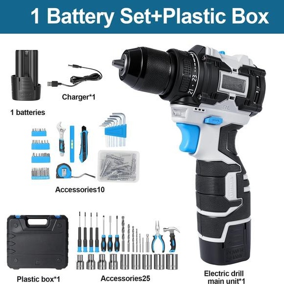 Perceuse-visseuse sans fil compacte - Couple de 50 Nm - Jeu doutils de 66 pièces - Alimentation par batterie - Batterie incluse - Gris