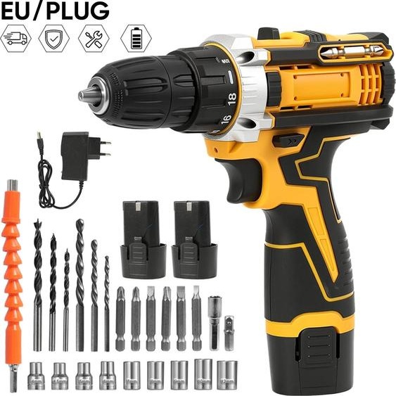 Perceuse-visseuse sans fil - Fonction percussion, sans balais - Couple de 55 Nm - 2 batteries 1300 mAh - Sans fil - Noir