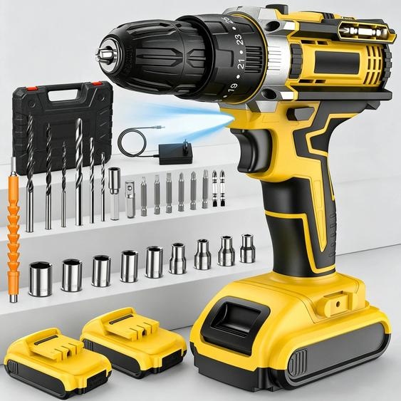 Perceuse-visseuse sans fil - Jeu de tournevis - 1350 tr/min - 2 vitesses - 25+3 réglages de couple - Moteur sans balais - Lampe de travail LED - Jaune