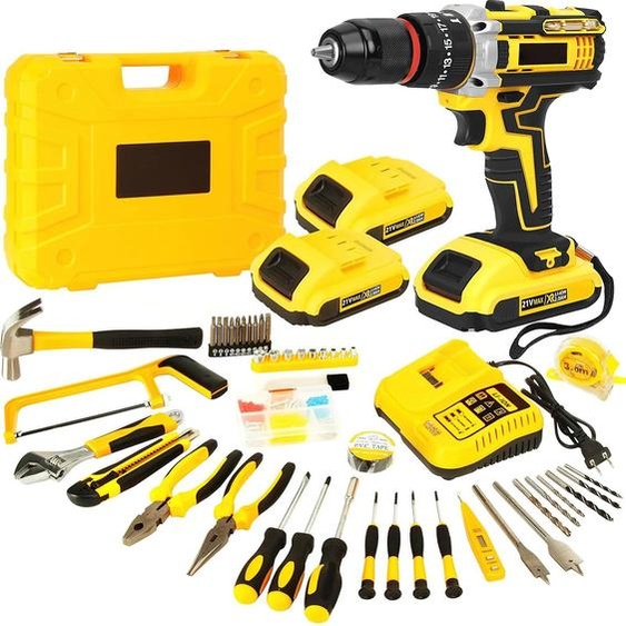 Perceuse-visseuse sans fil - Kit 21 V - Mandrin métallique de 0,95 cm - 45 Nm - Moteur sans balais - Batterie et chargeur UE - Kit de 120 pièces