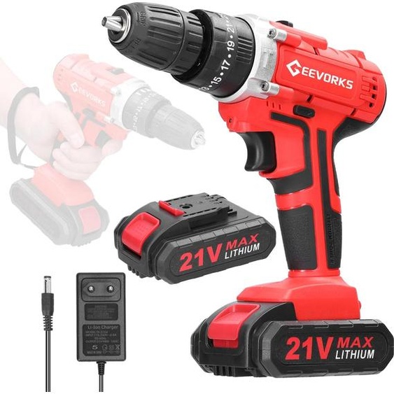 Perceuse-visseuse sans fil - Kit de vissage - 21V - Sans fil - 2 vitesses - 3 modes - Batterie Li-Ion incluse - Prise UE - Rouge