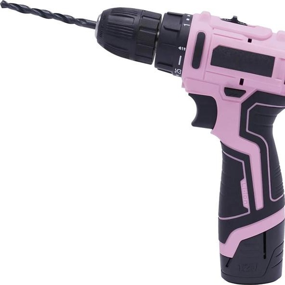 Perceuse-visseuse sans fil - Kit - Mandrin à serrage rapide 0,95 cm - 2 vitesses - 25 Nm - Kit de 21 forets et embouts - Batterie Li-Ion 1300 mAh - Poids plume 0,8 kg - Rose