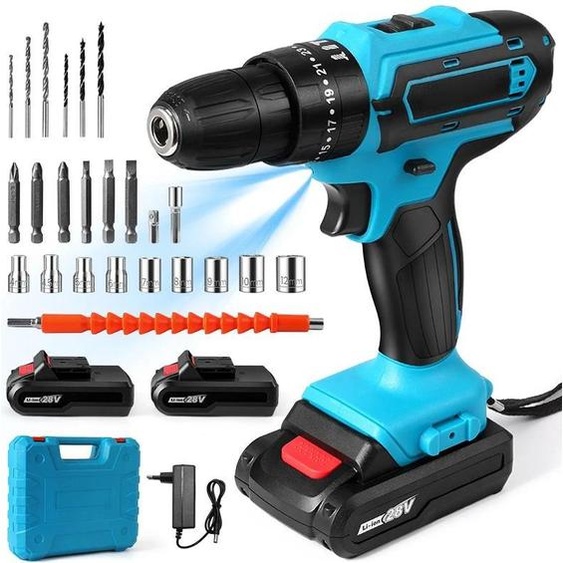 Perceuse-visseuse sans fil - Kit perceuse-visseuse - 21 V - 1 350 tr/min - 2 batteries au lithium - Pour matériaux non métalliques - Rouge