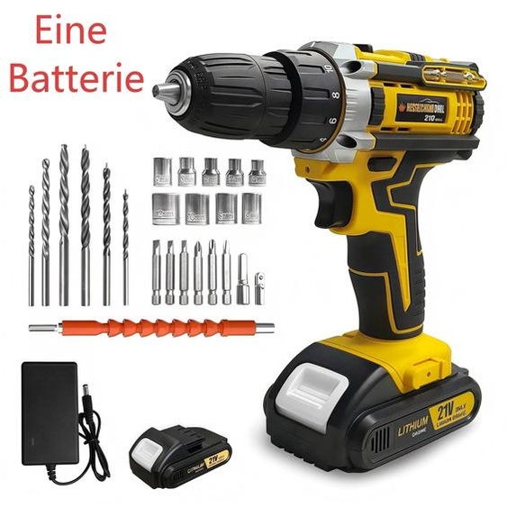 Perceuse-visseuse sans fil - Modèle 21 V - 1 600 tr/min - Couple réglable - Mandrin à serrage rapide - Éclairage LED - Batterie incluse - Jaune
