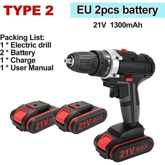 Perceuse-visseuse sans fil - Sans fil - 36 V - 2 batteries rechargeables - 1350 tr/min - 28 Nm - Mandrin 2-10 mm - EU plug - Rouge