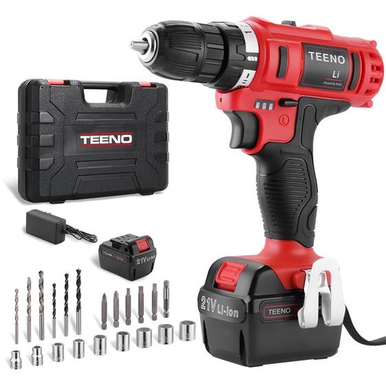 Perceuse-visseuse sans fil TEENO avec 1 batterie 1,5Ah 21V, 2 vitesses, 20 accessoires