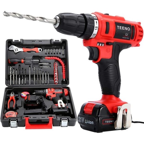 Perceuse-visseuse sans fil TEENO avec 2 batteries 1.5Ah 21V, 2 vitesses et 18 + 1 niveaux de couple, 35tlg accessoires dans un coffret