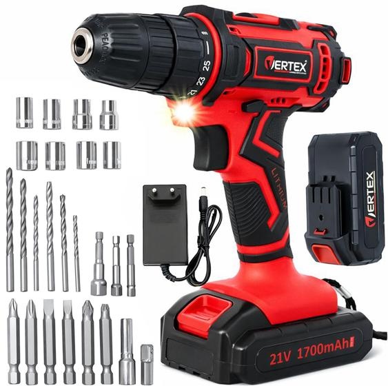 Perceuse-visseuse sans fil VERTEX, 21 V, couple élevé, chargeur, 2 batteries, kit avec forets et douilles dans un coffret